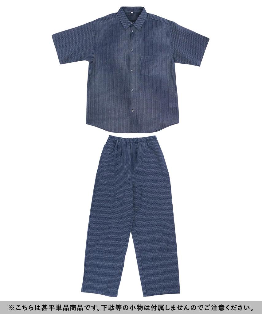 [KYOETSU] Men's Jinbei Shirt (Sold Separately), Shijira Weave, Men's Pajamas, Cotton, Top and Bottom Set (2. Simple Thin Stripe X Navy (Long Pants), L