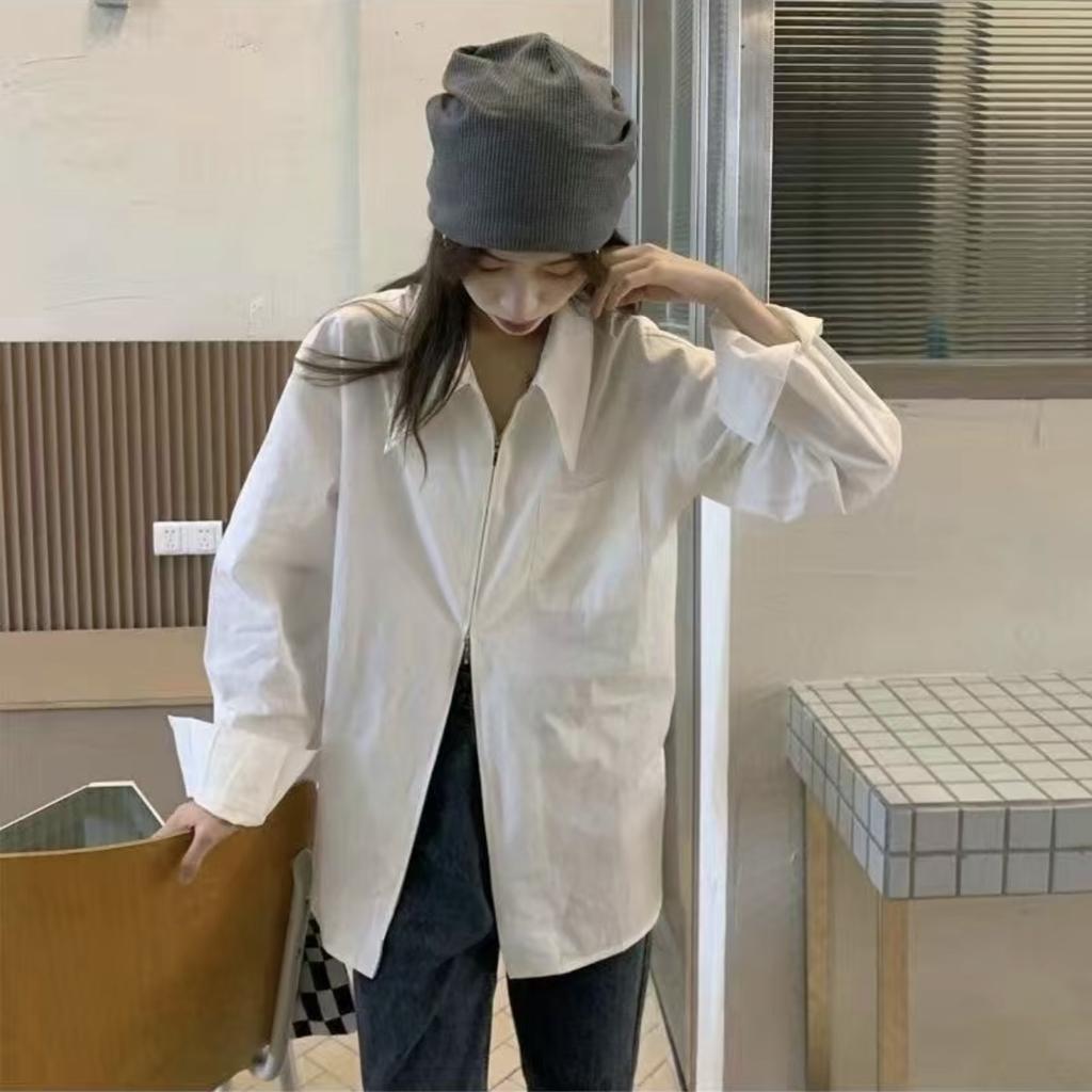 French design niche double-zipper long-sleeve shirt for women, loose and versatile Hong Kong-style vintage shirt jacket for spring and autumn