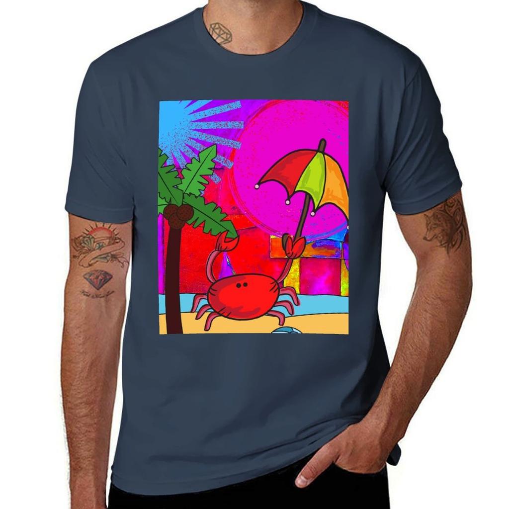 Man CRAB WITH UMBRELLA CUTE T-Shirt ON for FUNNY BEACH RED CARTOON FUCHSIA ORIGINAL Graphic Funny PINK T ART Shirts
