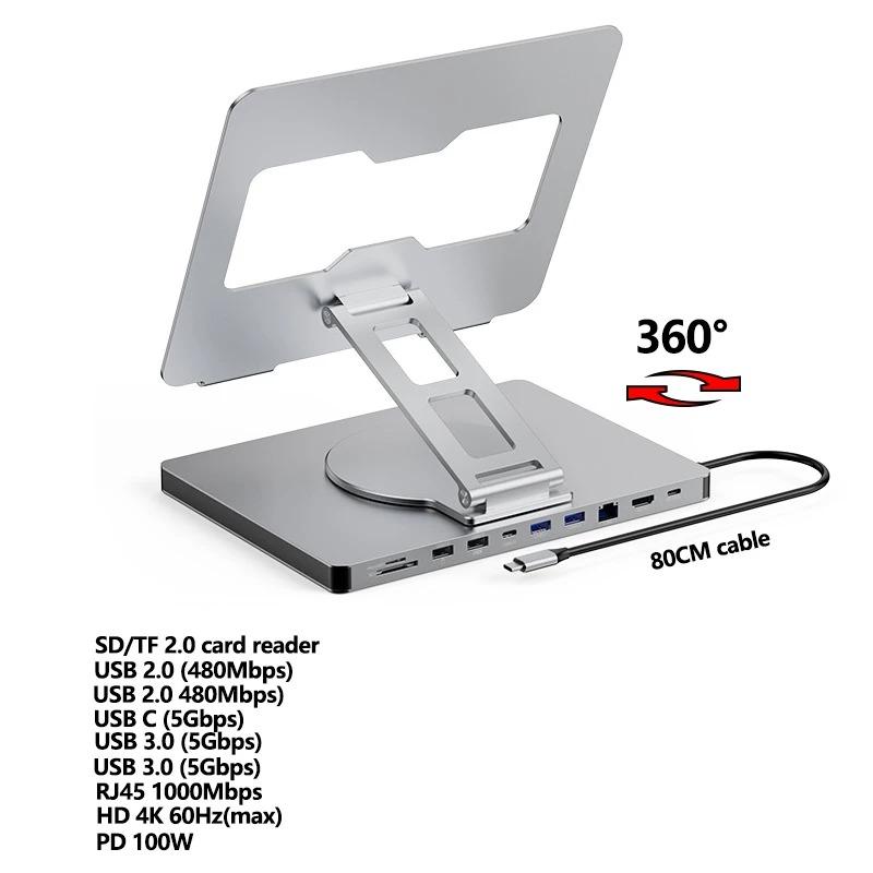 Foldable Laptop Stand with USB Hub Card Reader RJ45 Universal Bracket Holder 360° Rotatable Universal Bracket Holder