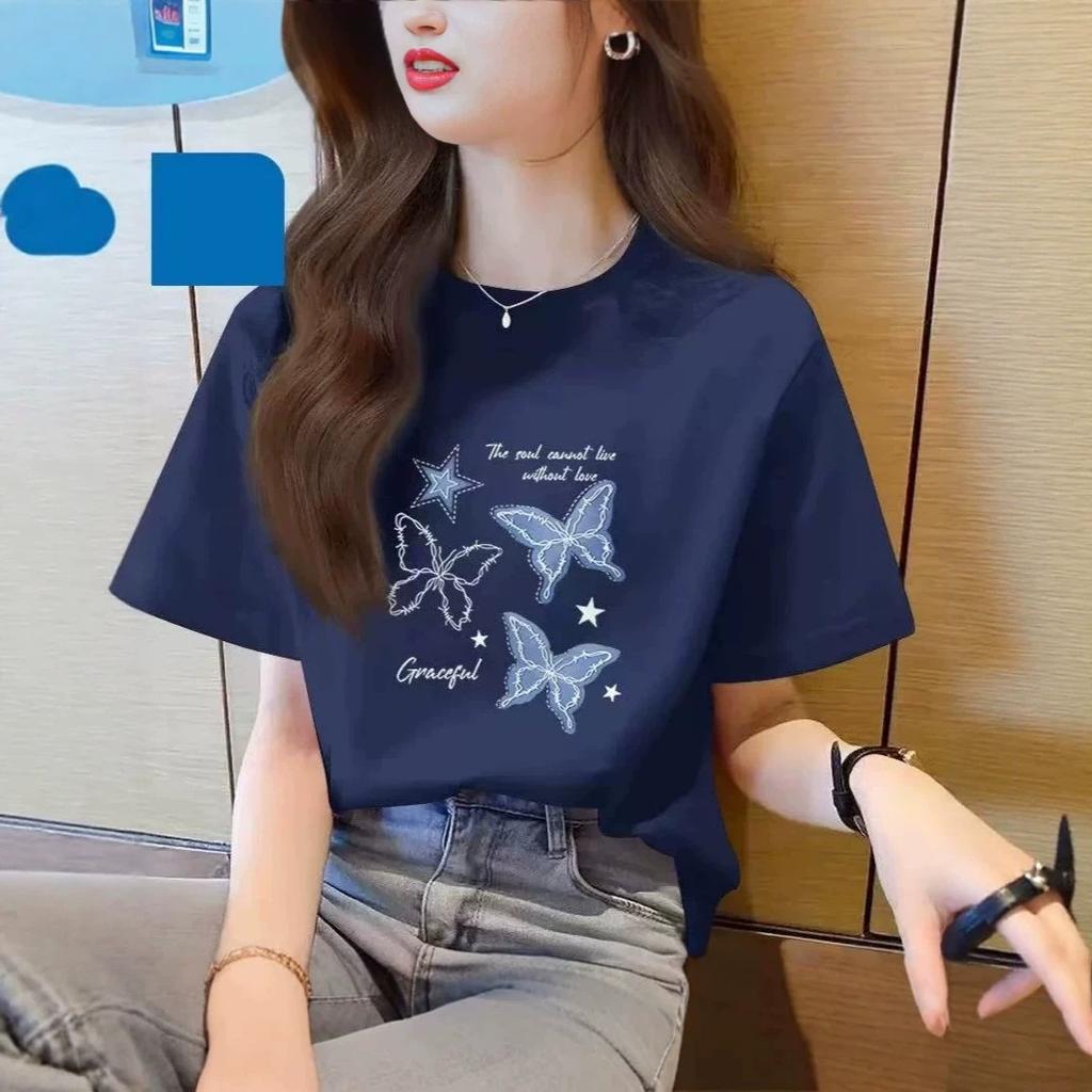 Women's Loose Fit Short Sleeve Crew Neck Tee Butterfly Letter Print Cotton Casual Basic Summer Daily Wear Streetwear Top