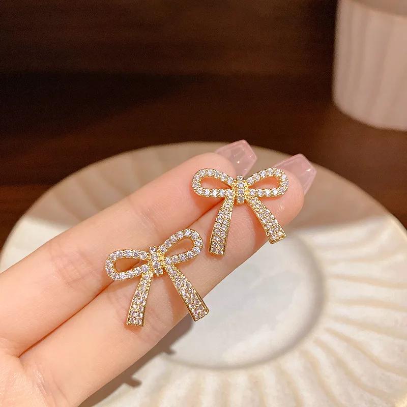 Korean Trendy Zircon Bow Earrings For Women  Luxury Sparkling Cubic Zirconia Bowknot Stud Earrings High Jewelry Gifts