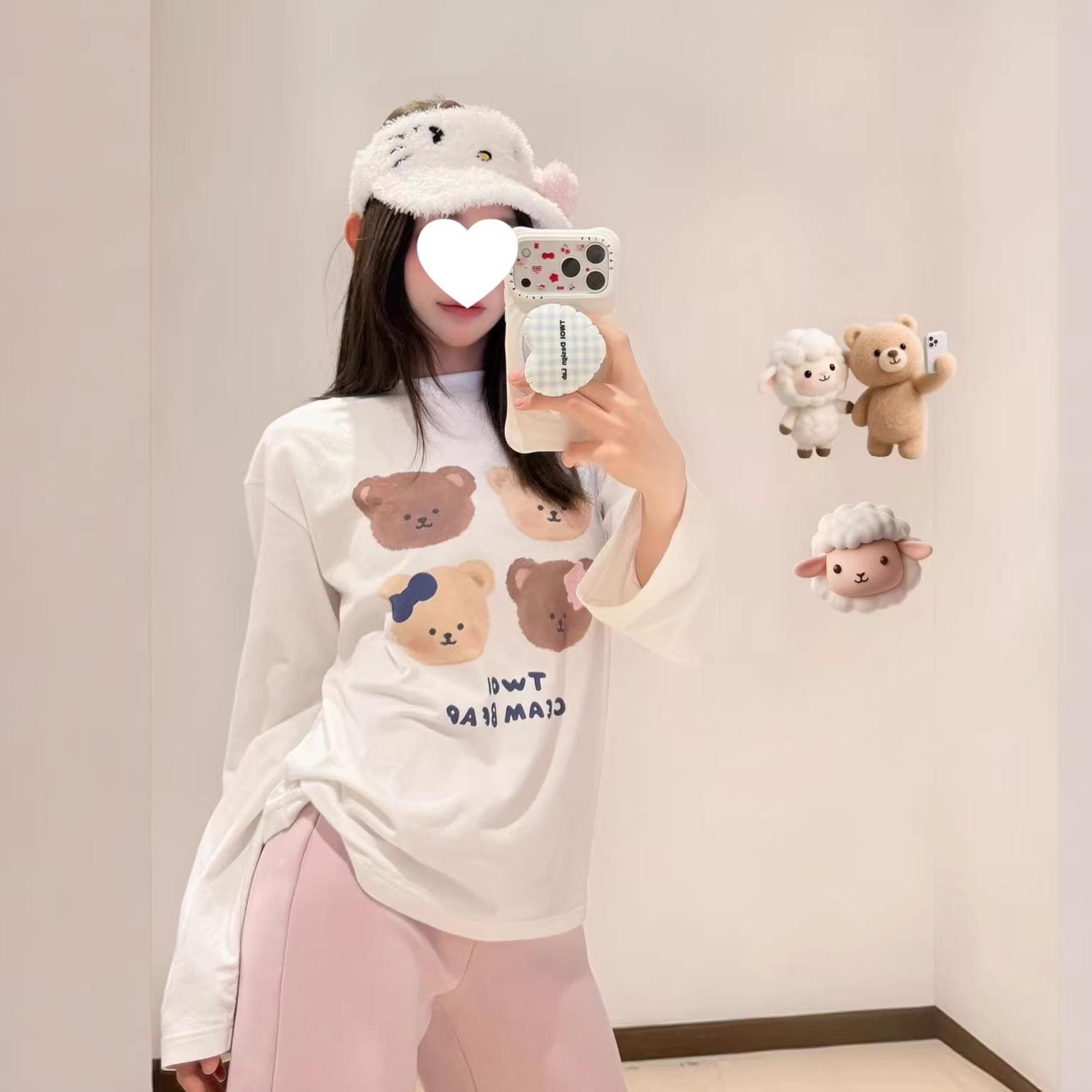 

American High Street Women s Cat Print Long Sleeve T-shirt - Spring/Autumn Casual Pure Cotton Base Layer XXXL белый