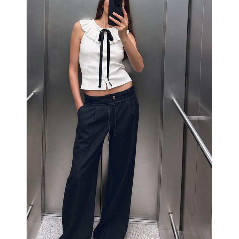 Summer New Product Women's Clothes French Color Contrast Patchwork Bowknot Decoration Warp Knitting Lead Polo Collar Top 4770171