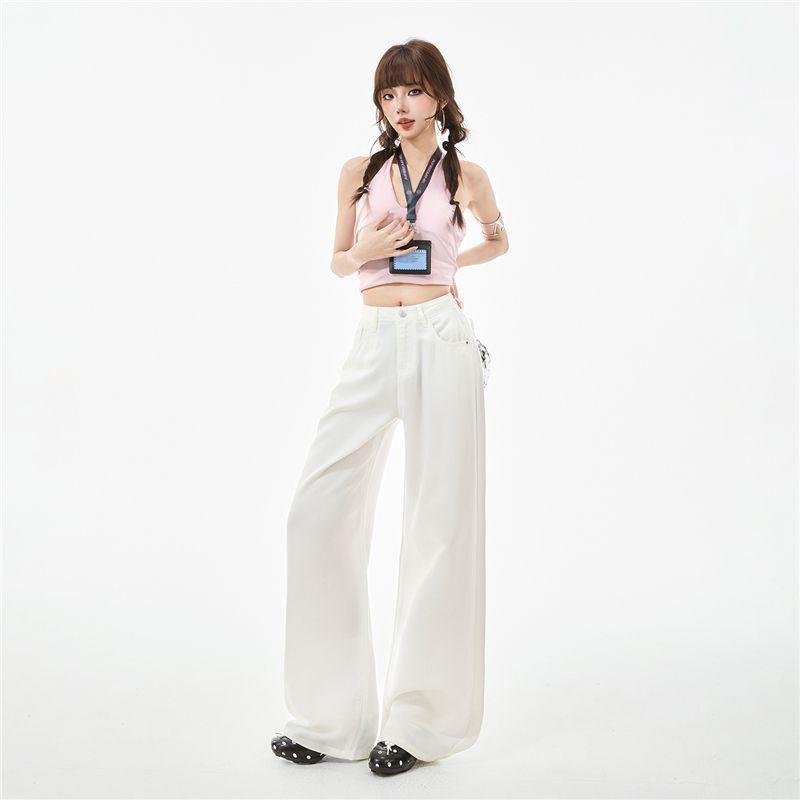 Spring Summer 100 Percent Tencel Lyocell Ice Silk YKK Pure White Cool Drape Wide Leg Denim Pants For Women Casual Pants Oversize Denim Trousers