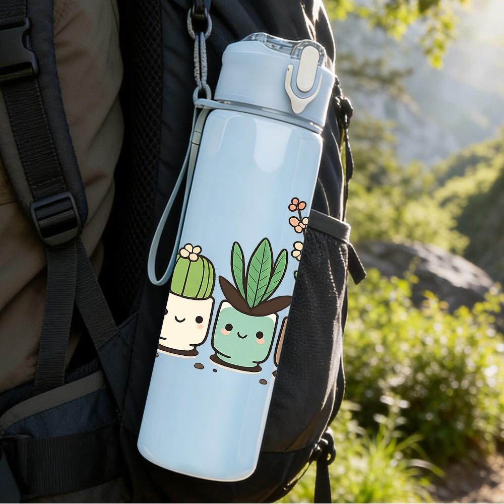 1PC Succulent Potted Cactus Print 750ml Color Plastic Sports Water Bottle Leakproof Flip Straw Lid Suitable for Sports Office Home Use