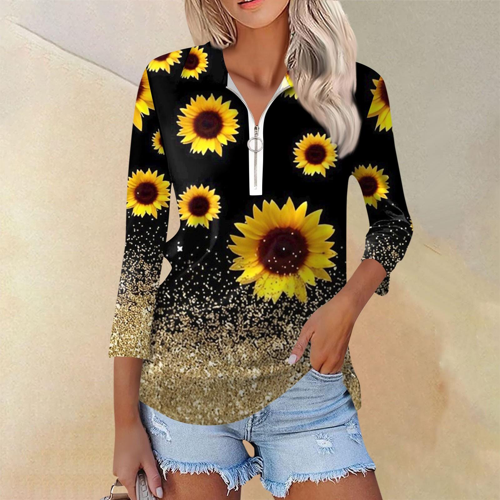 

Женская повседневная футболка с v-образным вырезом и семью рукавами, пуловер с половиной молнии и принтом подсолнечника XXL золотой