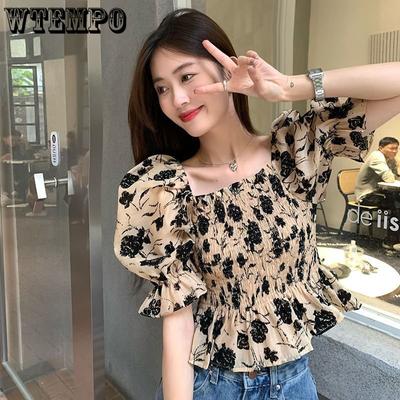 Camisa de gasa con cuello cuadrado francés para mujer, estilo retro de verano, estilo chic premium, con cintura ajustada y mangas cortas tipo burbuja, top Y2k