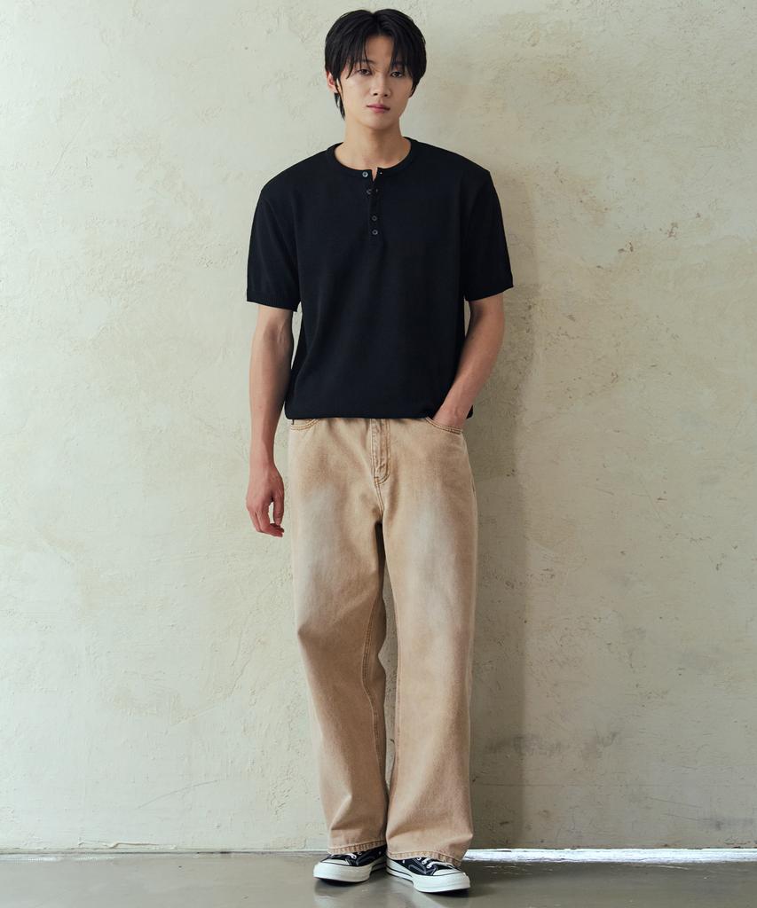 NODU Plain Henley Neck Short Sleeve Knit [Black]