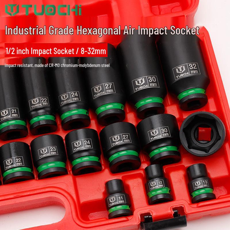 35-Piece Small Air Impact Wrench Set with Extended Hex Sockets (8-32), Long/Short Combination, Color Ring Head