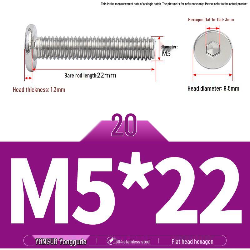 304 Stainless Steel Ultra-Thin Flat Head Hex Socket Bolt, M2-M12