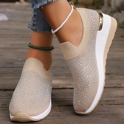 Damen Keilabsatz Plateau-Sneaker Herbstmode Strass Lässig Gestrickt Zum Hineinschlüpfen Laufschuhe Damen Rutschfeste Dicke Sohle Sneaker