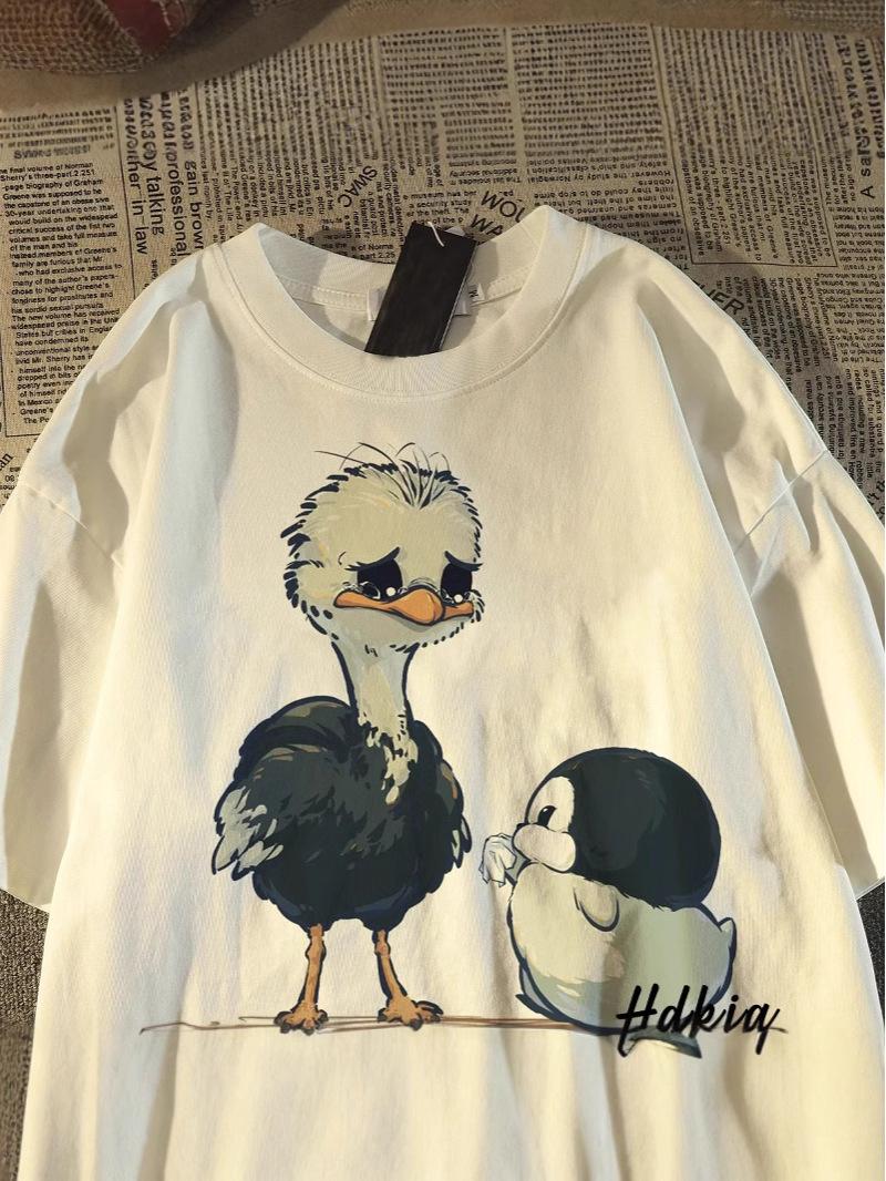 

2025 Japanese Retro Duck Print Unisex Cotton T-shirt - Loose Fit, Short Sleeve XXL білий