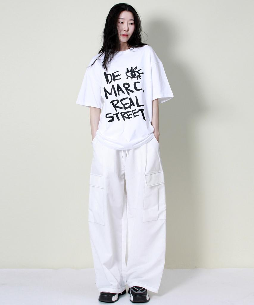 Deumakeu Real Street Wide Contrast Stitch Cargo Track Pants White