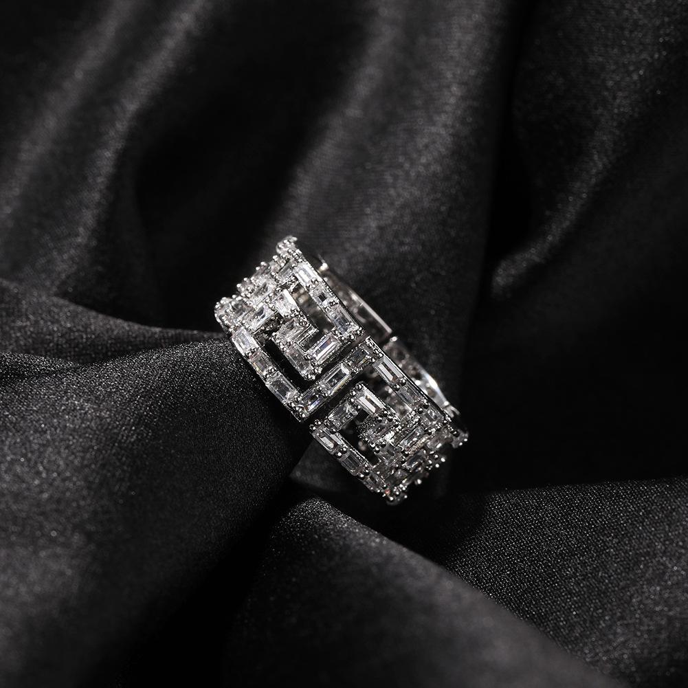 New Product Return-shaped Square Zirconium Ring Male Creative Hollow Design Copper Inlaid Zircon Hip-hop Ring