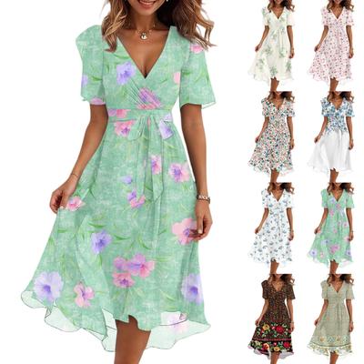 Women's Fashion Casual V Neck Short Sleeve Ruffled Vintage Printed Dresses