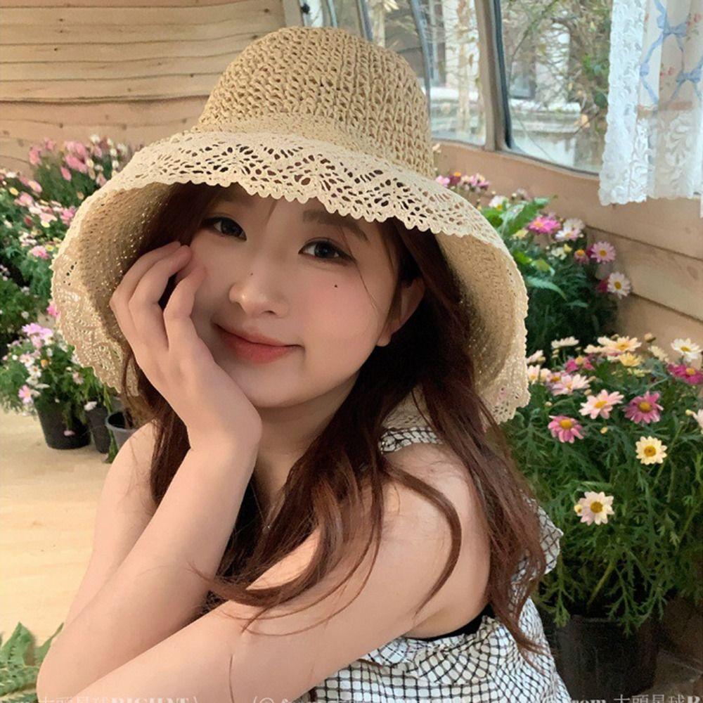 Large Edge Summer Lace Sun Hat Foldable Panama Cap INS Style Beach Bucket Hat  Beach Side