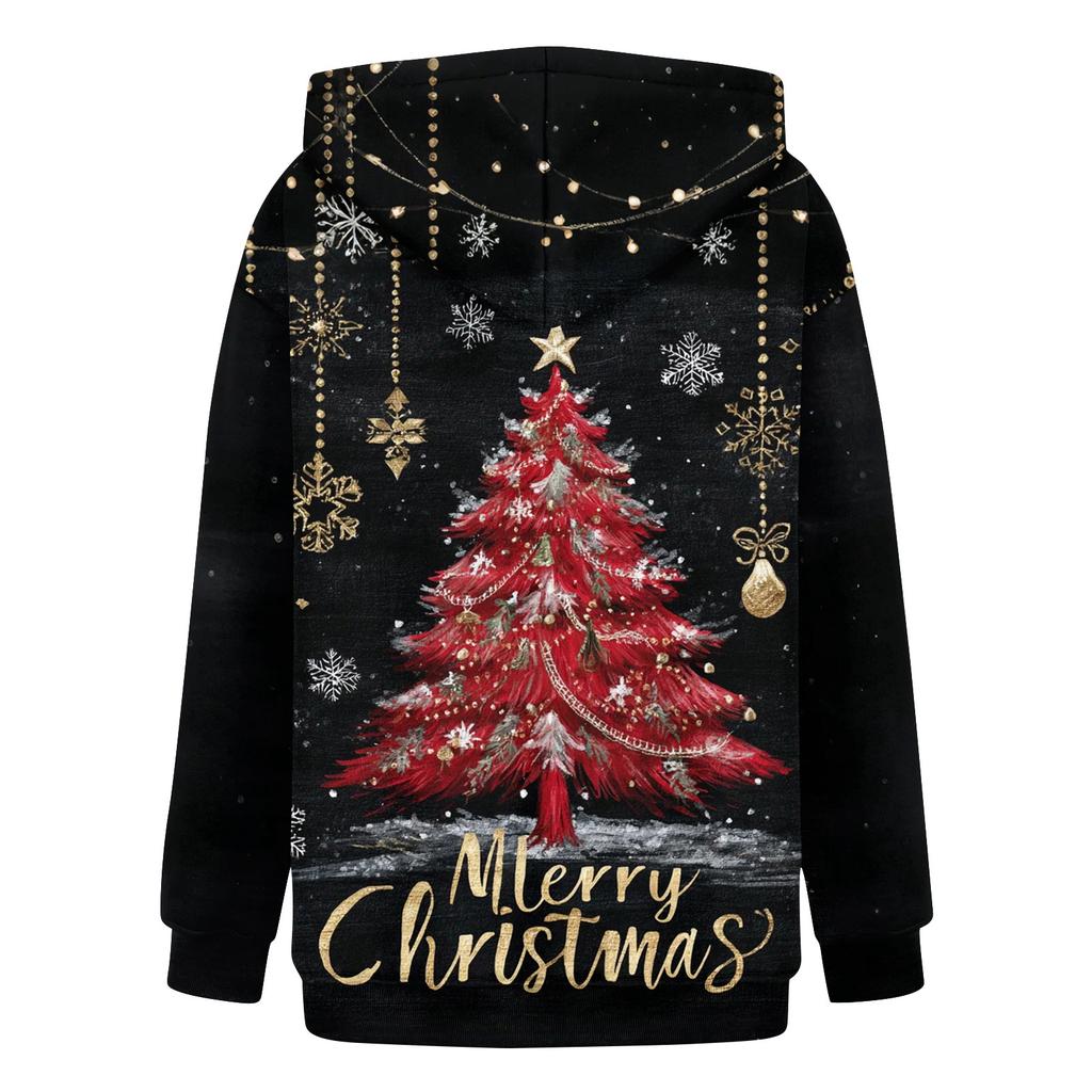 Damenmode Langarm Weihnachtsprint Lockerer Kapuzenpullover Top