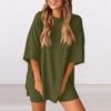 Women's Loose Fashion Solid Color Split Round Neck Short Sleeve Top Small Pocket Shorts Two Piece Set