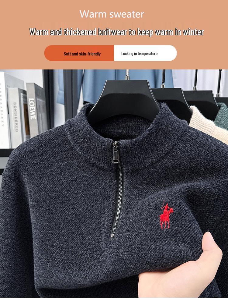 Men's Trendy Fleece Zipper Sweater - Loose, Warm, Plus Velvet, Half-High Collar Knitwear for Winter