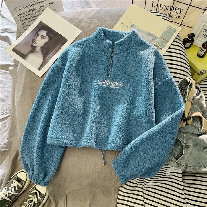 Autumn Spring Women Stand Neck Fleece Cropped Letter Embroidery Long Sleeve Drawstring Half High Neck Sweatshirt Elegant Plush Velvet Tops
