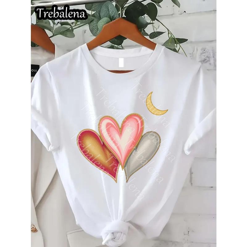 

European size Trebalena Women s Casual Graphic T-Shirt - White Everyday Tee with Pink Golden Hearts S белый