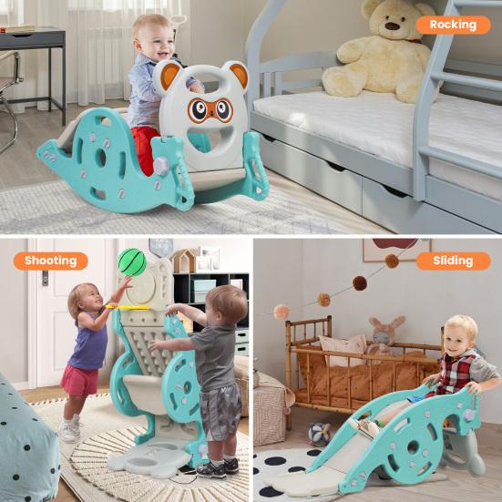 4-in-1 Kids Slide & Rocking Horse, Convertible Playground Toy with Basketball Hoop for Toddlers