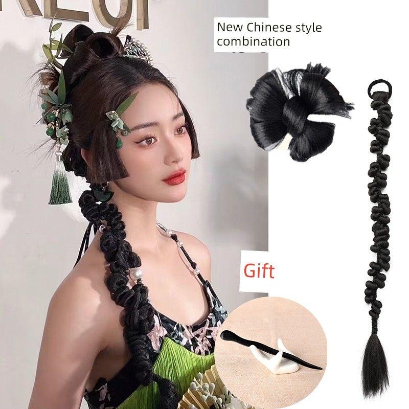 Ponytail Wig New Chinese Style Braid Female Cable Stitch Boxing Long Braid Twisted Gold Thread Braid Bridal Hair Accessories Studio Photography