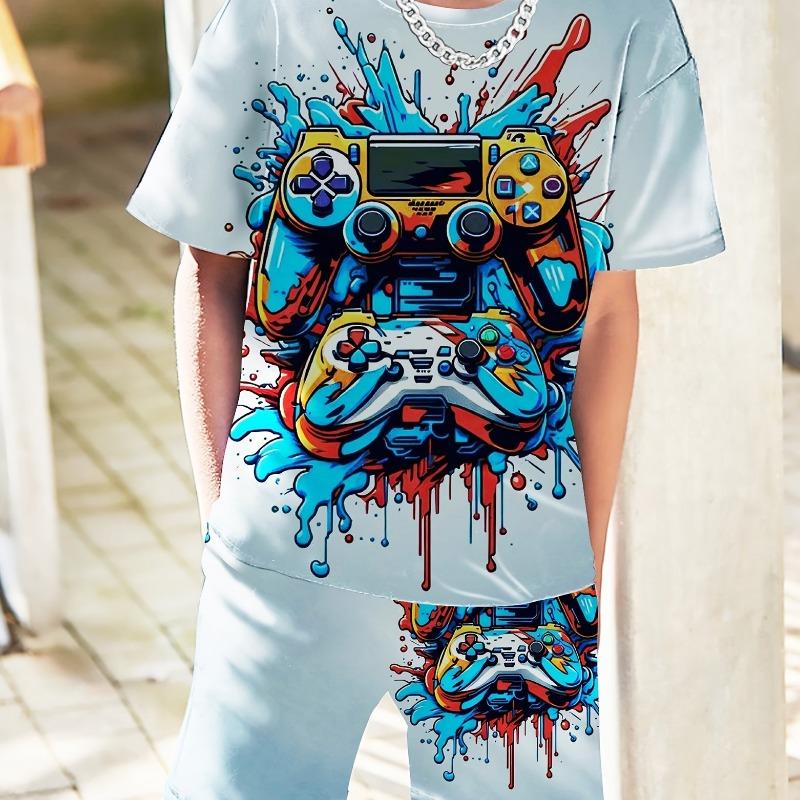 Erkek Çocuk İçin Çocuk Giyim Takımı Kısa Kollu Erkek Çocuk Şort 3D Oyun Kolu Moda Çocuk Yazlık Giysiler Çocuk Setleri
