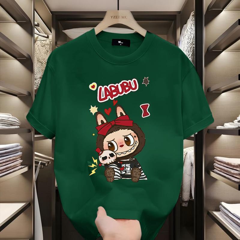 Polyester Fiber Material Fun Cartoon 3D Printing Labbubu Loose Short-sleeved T-shirt Round Neck Top Unisex