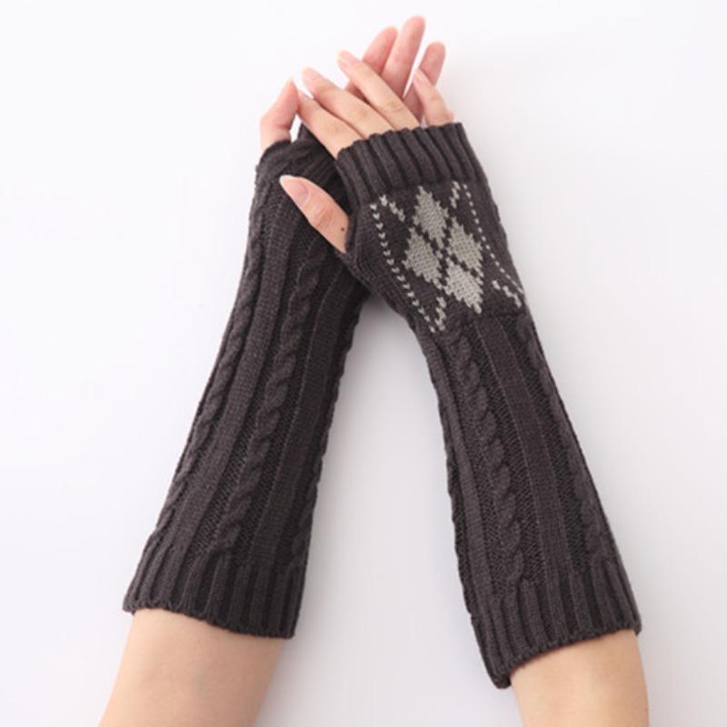 Damen Koreanischer Stil Herbst und Winter Neu Zopfmuster Jacquard Rauten Gestrickte Wolle Halbfinger Fingerlos Ski Warme Handschuhe