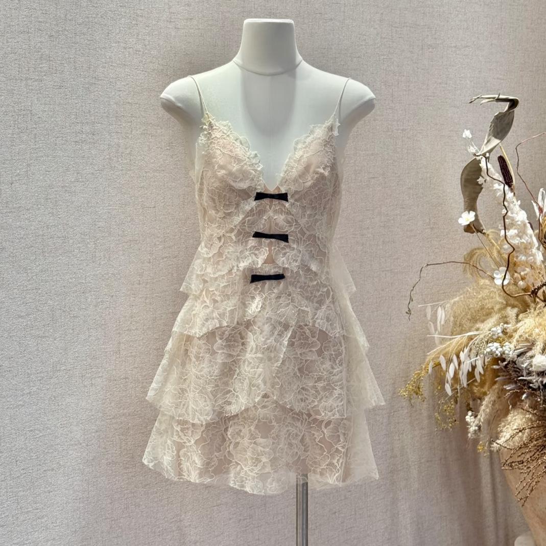 French Romantic V-Neck Lace Camisole Dress with Butterfly Knot Embellishment Medium