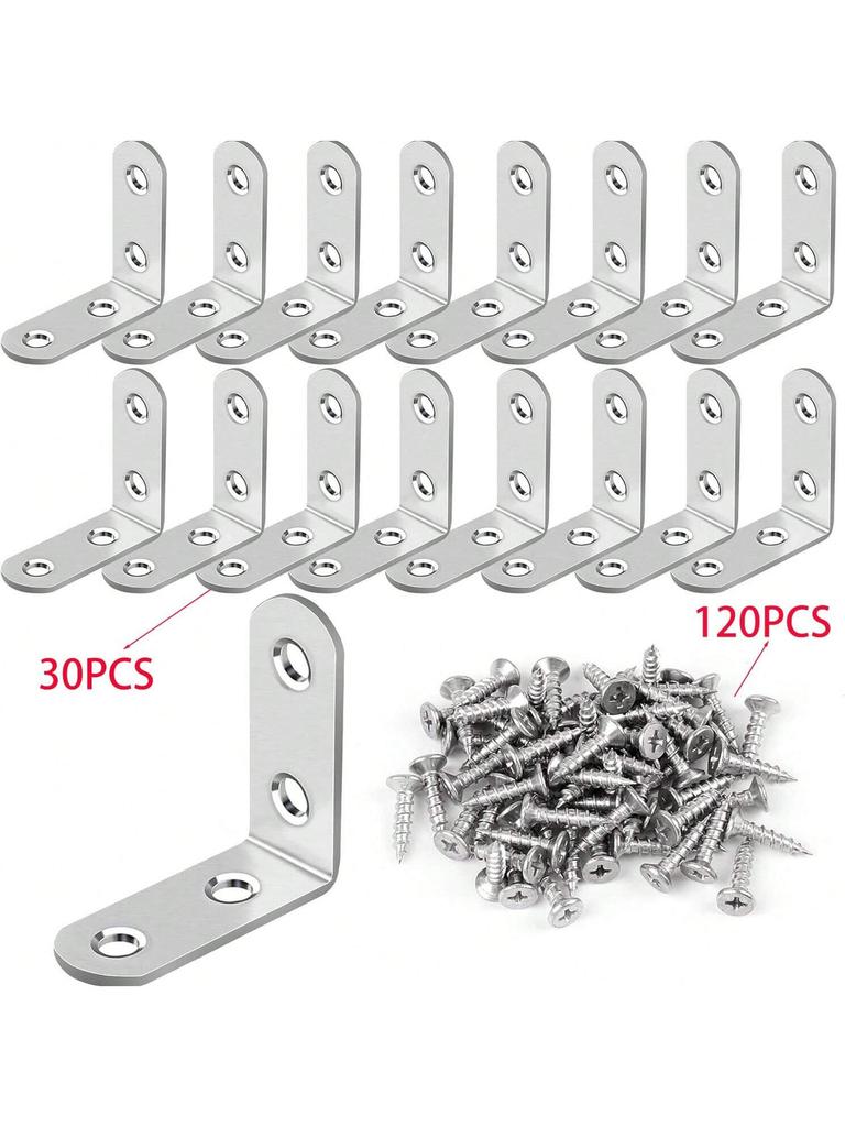 40/30pcs Stainless Steel L-Shaped Corner Brace Set with Screws for Wooden Shelves, Chairs, Vanities, Cabinets, Furniture Repair
