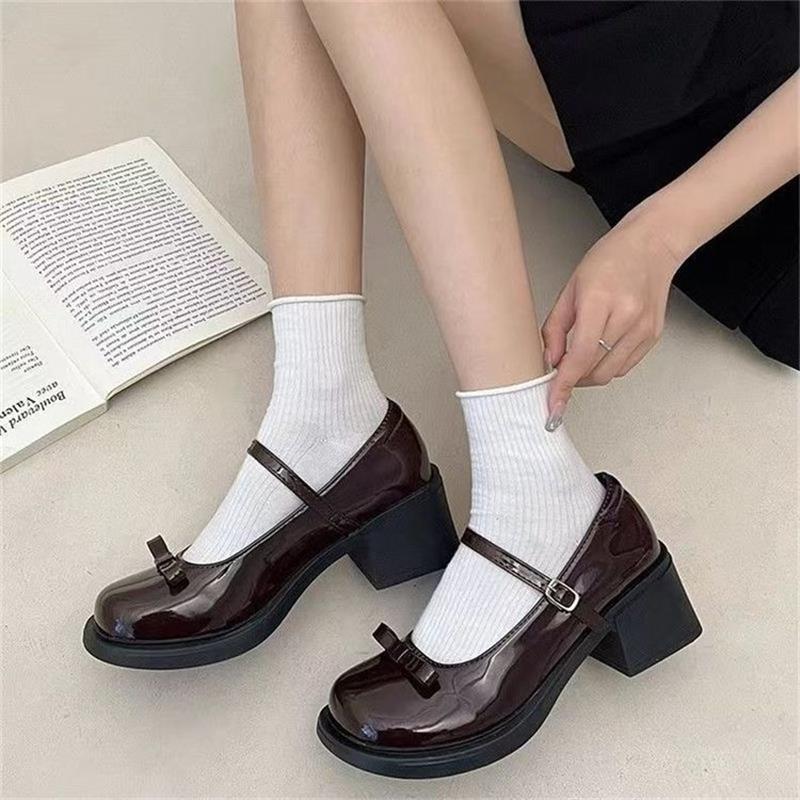 French Retro High-heeled Mary Jane Shoes Women's 2025 New Summer Bow Beautiful Round Head British Style Small Leather Shoes