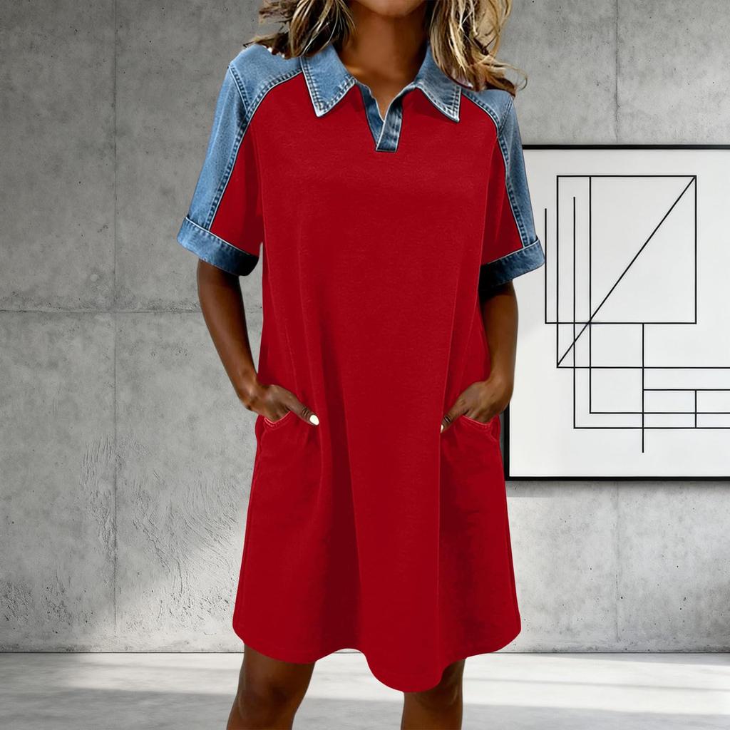 Damska sukienka casual z krótkim rękawem, kołnierzykiem polo, bawełniana, luźny krój, z kieszeniami po bokach, wygodny design