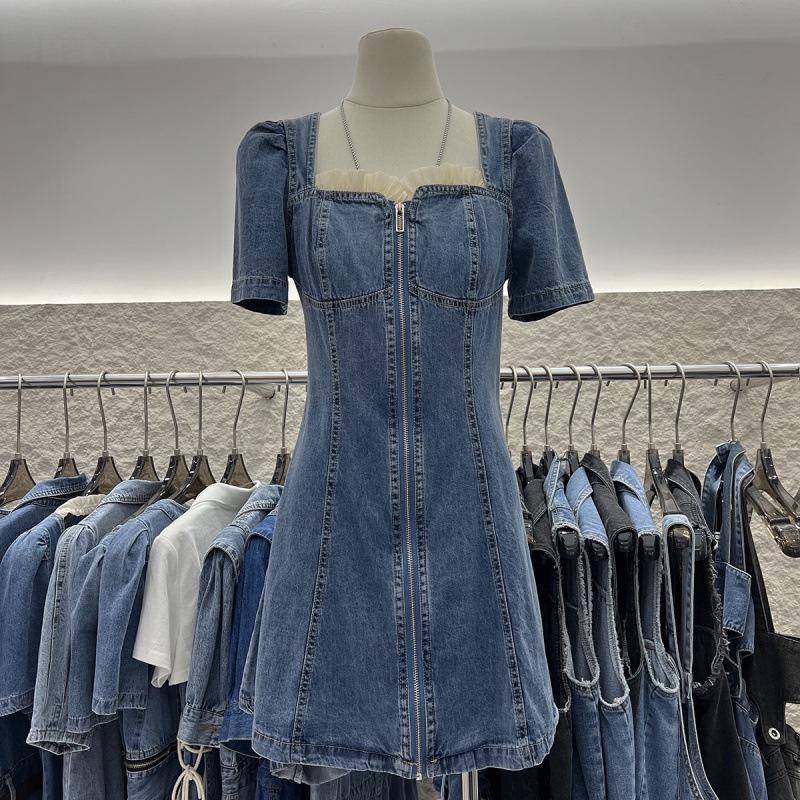 2025 Summer Women's Lace Denim Short Dress - Age-Reducing Design, Slimming Tummy Control, Thin Style