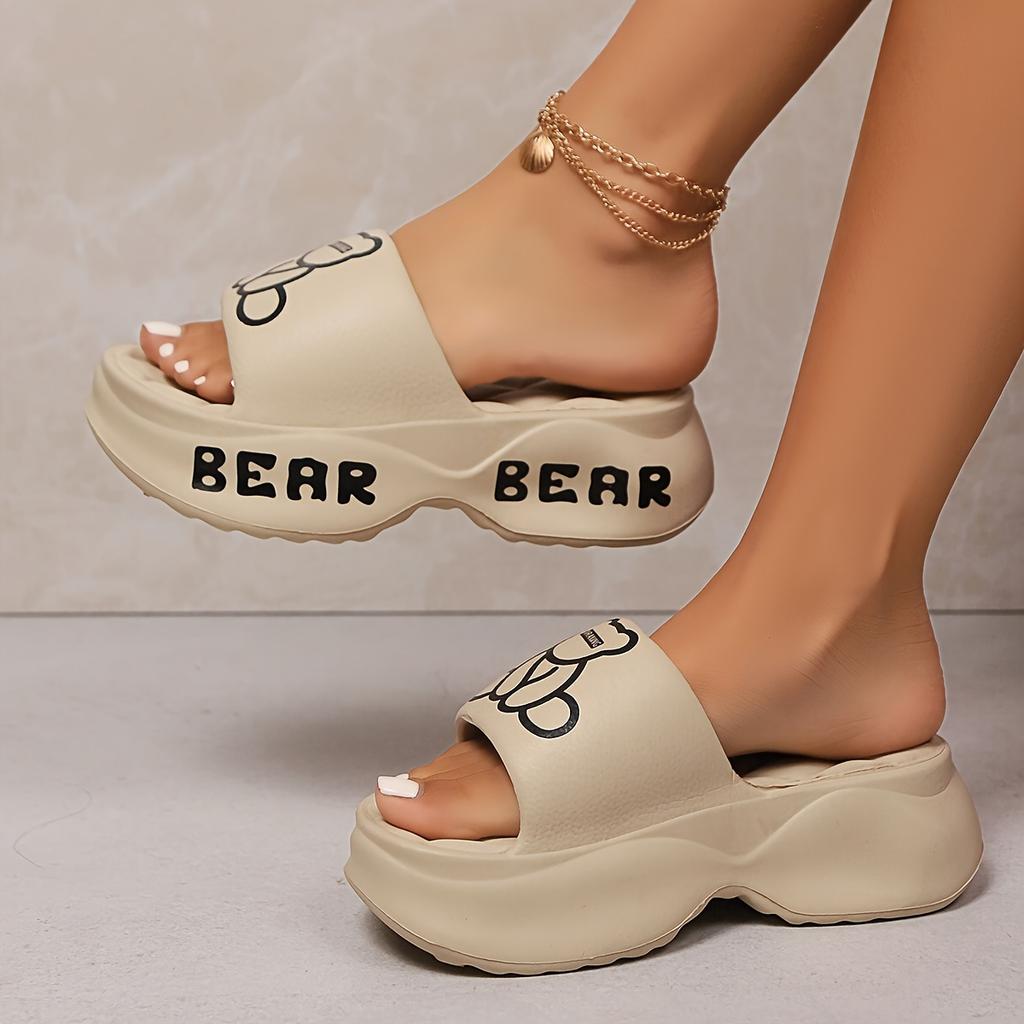 Letter & Cute Bear EVA Sandals, Women's Platform Soft Sole Home Walking Slides, Wear-resistant Holiday Slides