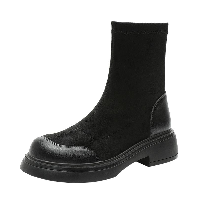 Slim Textured Suede Boots for Women New Retro British Style Round Toe Elastic Short Boots for Women Thin Boots