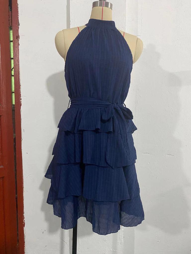 Europäisches & Amerikanisches Damen Sommer 2026 Schnürung Neckholder Patchwork Ärmellos Rüschenkleid