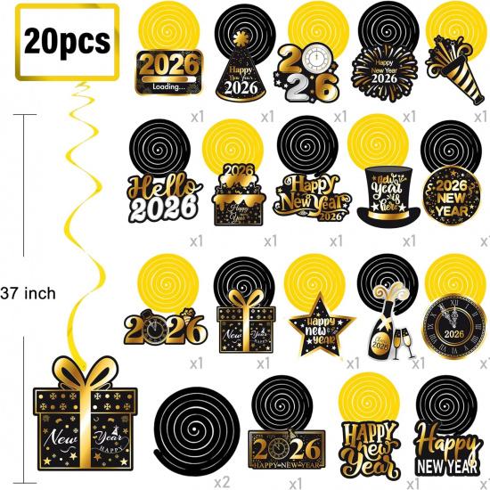 New Year Theme Party Supplies Happy 2026 New Year Hanging Swirls 20Pcs New Year's Eve Hanging Decorations 2026 Countdown Party Ceiling Streamers for