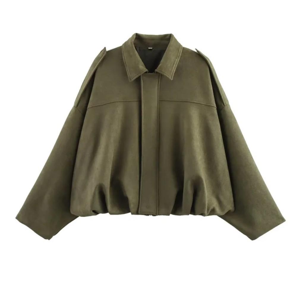 New Women's Suede Texture Effect Loose Version of Fashion Lapel Shoulder Bomber Jacket