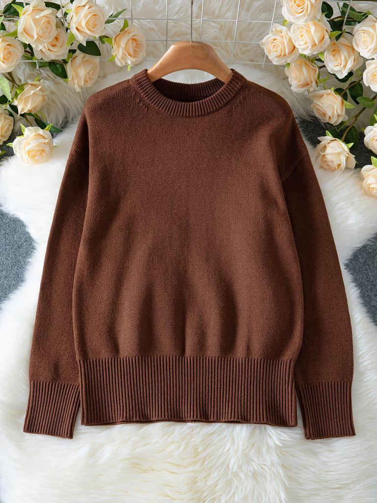 Damen einfarbiger Rippstrick Pullover - Herbst/Winter, Lockerer Schnitt, Rundhalsausschnitt, Lässiger Stil