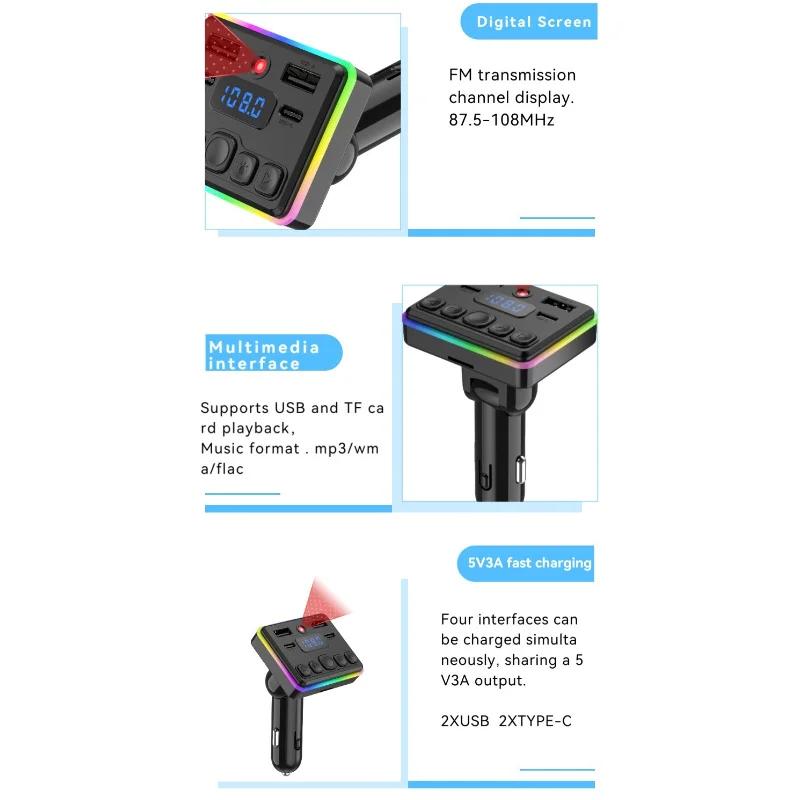 Autoladegerät FM-Transmitter Bluetooth 5.4 PD Typ-C Dual-USB Umgebungsplayer Freisprecheinrichtung MP3-Ladegerät Typ-C Kabellos mit Umgebungslicht