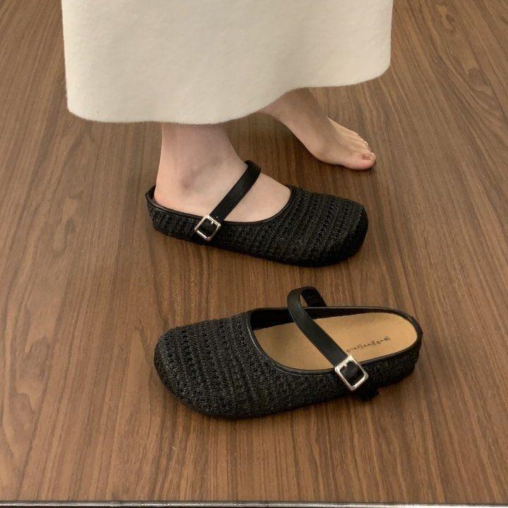 

Women s Half Slippers Spring Summer New Vintage Fly Weave Baotou Flats Fashion Square Button Slip on Outdoor Casual Sandals 35 чорний