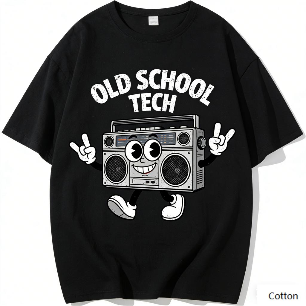 Oversized Black Cotton TShirt with Bold Retro Boombox Cartoon Graphic Unisex Streetwear Tee for Unisex and Women