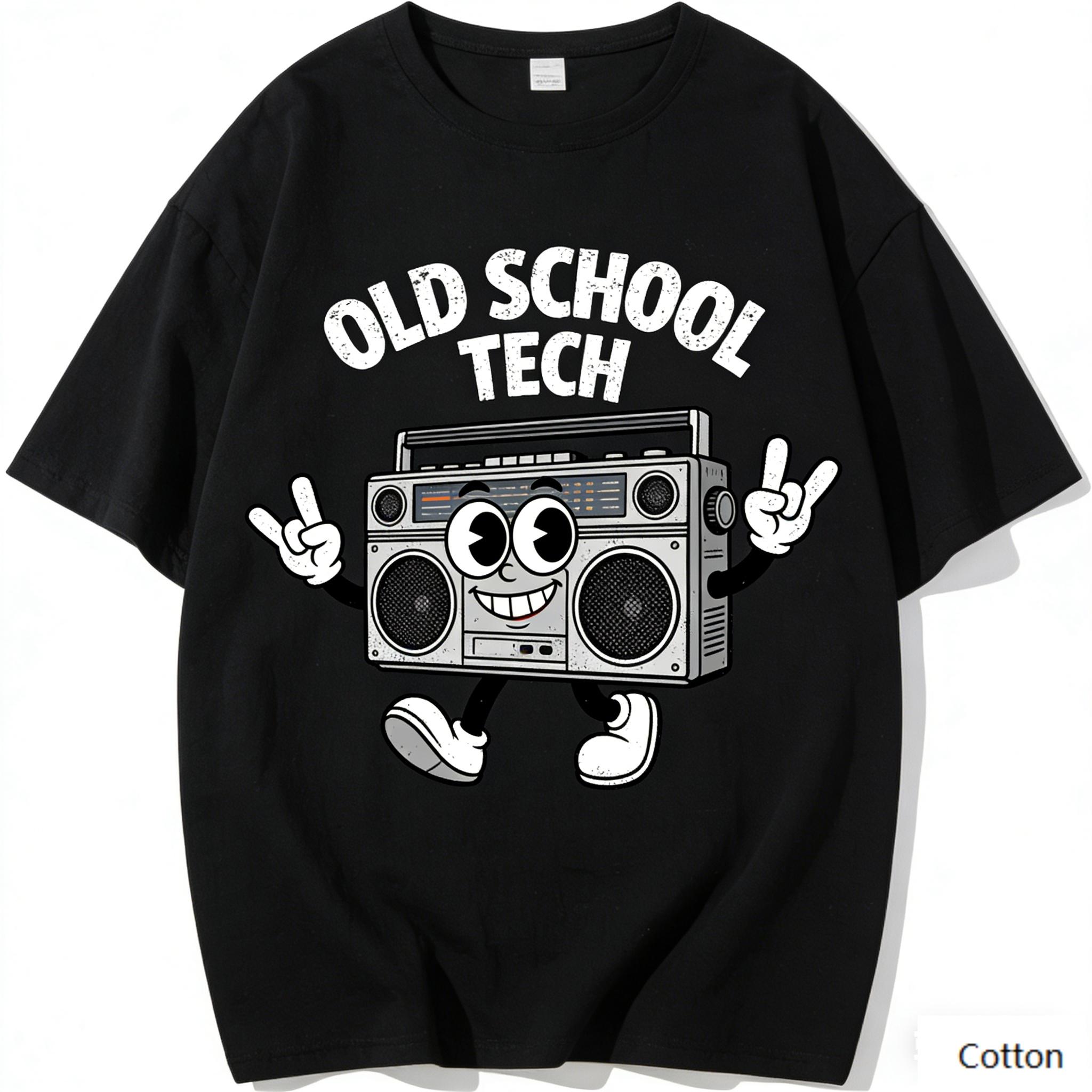

Oversized Black Cotton TShirt with Bold Retro Boombox Cartoon Graphic Unisex Streetwear Tee for Unisex and Women S