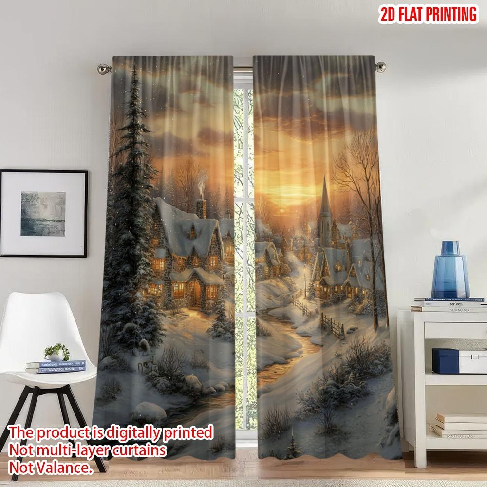 

Set Of 2 Flat Printing Christmas Curtains Cozy Winter Village Snow Scenery Digital Printed Polyester Drapes Holiday Decorations Made W100*H70(CM)-Rod Pocket&1PCS