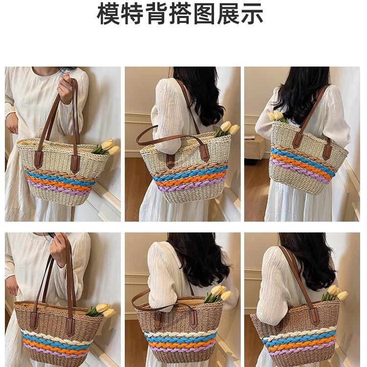 Shoulder Straw Bag New Rainbow Striped Straw Bag Woven Bag Vacation Beach Bag Versatile Women's Bag