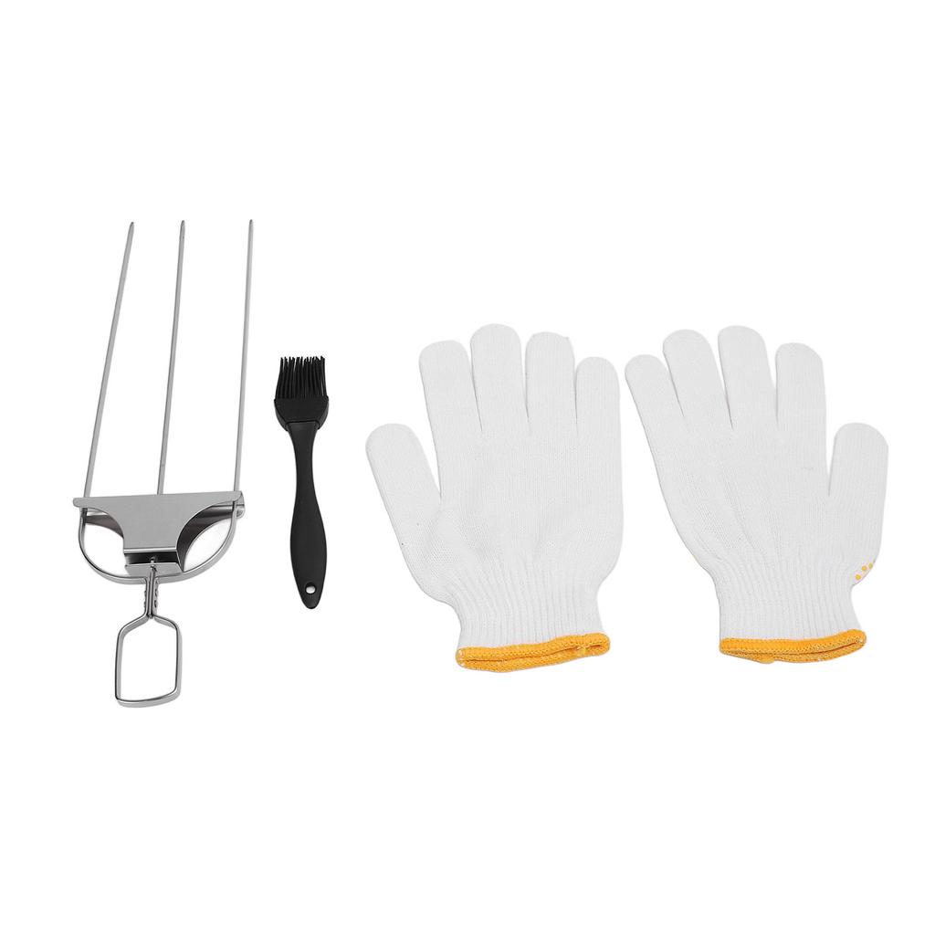 Stainless Steel Skewer Set 3 Prong Barbecue Fork Oil Brush and Gloves for Grilling Meat Chicken