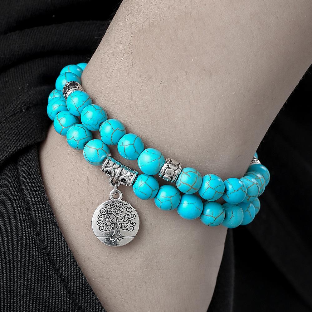 Turquoise Bracelet Tree of Life Pendant Bracelet 8mm White Turquoise Bracelet Two-piece Set